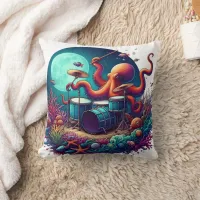 Octopus Playing Drums Under Moonlit Sea Throw Pillow