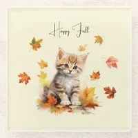 Cute Orange Tabby Kitten in Fall Leaves Glass Coaster