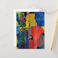 Bicycles and Trucks mixed media collage Postcard