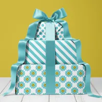 Cheerful Turquoise Daisy Floral Stripes Polka Dot  Wrapping Paper Sheets