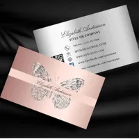 Butterfly rose gold silver QR code social media Business Card