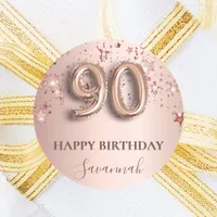 90th birthday rose gold blush stars name classic round sticker