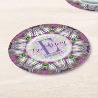 Purple Satin Geometry Star Monogram Paper Coasters