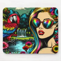 Woman and Parrot in the Park Pop Art  Mouse Pad