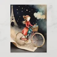 Storybook Watercolor Paris Bicycle Ride Postcard