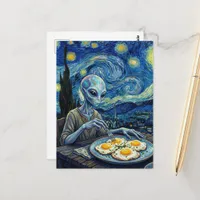 Blue Alien Eating Fried Eggs Faux Van Gogh Postcard