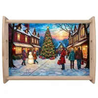 Village Christmas Tree with Shoppers and Snowman Serving Tray