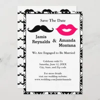 Black Mustache and Pink Lips Couple Save the Date Invitation