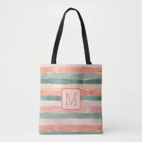 Wide Watercolor Stripes Peach Color Block Monogram Tote Bag