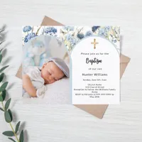 Blue florals photo arch boy Baptism invitation