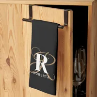 Monogram Name Stylish Black Gold Script  Kitchen Towel