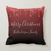 Red Glitter Dripping Monogram Merry Christmas  Throw Pillow