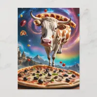 Funny Surreal Pizza Cow Colorful Collage Postcard