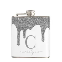 Silver Sparkle Glitter Drips White Monogram Flask