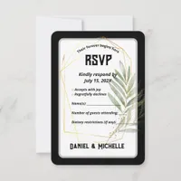 Modern Arched Black Gold Wedding Botanical Theme RSVP Card