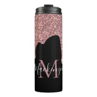 Rose Gold Sparkle Glitter Drips Monogram Black Thermal Tumbler