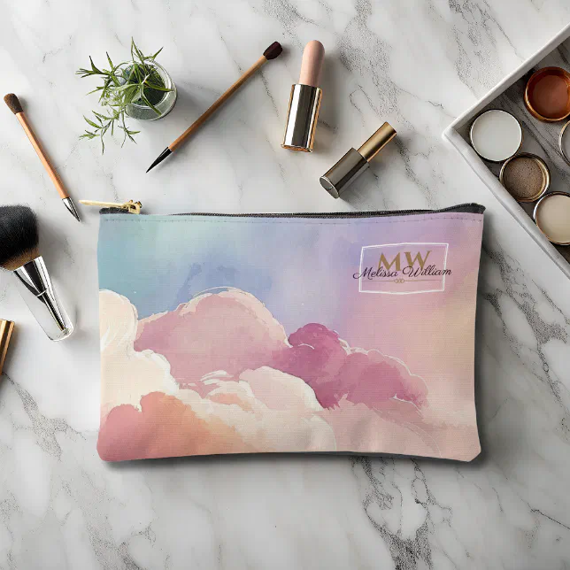 Watercolor Clouds Black Gold Monogram Name Script Accessory Pouch