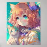 Anime Girl Holding an Adorable Kitten Poster