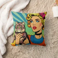 Cartoon Comic Pop Art Women Holding Cat Throw Pillow