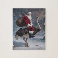 Funny Santa and Ostrich Christmas Delivery Jigsaw Puzzle