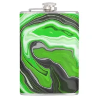 Lime Green and Black Marble Swirls Fluid Art   Flask
