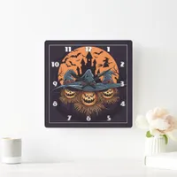 Haunted scarecrows glow beneath the moon square wall clock