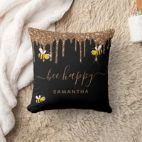 Black gold glitter bee happy name throw pillow