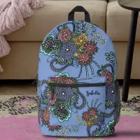 Fantasy Colorful Doodle Flowers on Purple Lavender Printed Backpack