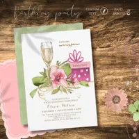 Chic Watercolor Pink Magnolia Champagne Birthday Invitation
