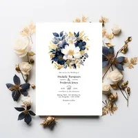 Navy, White, and Gold Floral Wedding Invitation