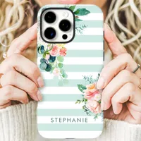 Watercolor Floral Stripe Custom Name iPhone 16 Pro Max Case