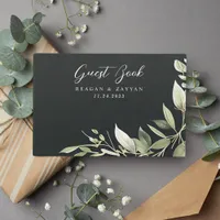 Dark Green Modern Greenery Leaves Wedding Guest Book