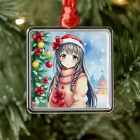 Pretty Festive Anime Girl Christmas Metal Ornament