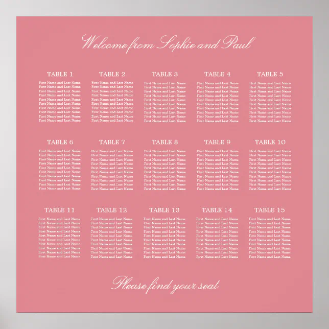 Blush Pink 15 Table Wedding Seating Chart Poster