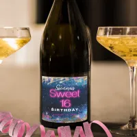 Modern Glam Blue Glitter Hot Neon Pink Sweet 16 Sparkling Wine Label