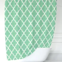 Mint Green and White Moroccan Quatrefoil Shower Curtain