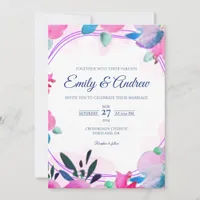 Pink Wreath Romantic Floral Watercolor Wedding Invitation