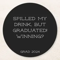 Graduation Party 2024 Grad Slogan Black Simple  Round Paper Coaster