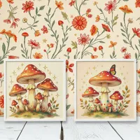 Set of Cottage Core Vintage Mushrooms Art Peel And Stick Photo Tile
