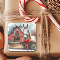 Watercolor White Horse and Festive Farm Christmas Square Sticker