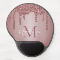 Girly Pink Sparkle Glitter Drips Monogram Gel Mouse Pad