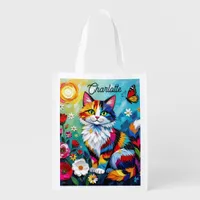 Colorful Cat and Butterfly Personalized Grocery Bag