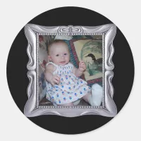 Fancy Silver Frame Add Photo Here Classic Round Sticker