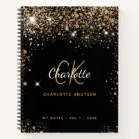 Black gold glitter monogram name glam notebook