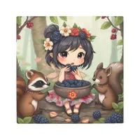 Chibi Fairy Eating Blackberries with Forest Friend Metal Print