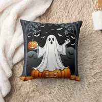 Halloween ghost surrounded by pumpkins and bats throw pillow