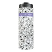 Hand Drawn Floral White Black Pattern Purple Name Thermal Tumbler