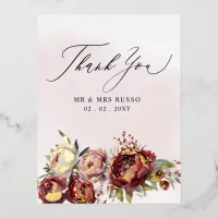 Script Elegant Burgundy Blush Floral Thank You Foil Invitation Postcard