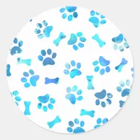 Blue Watercolor Paw Prints Classic Round Sticker