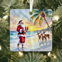 Cute Santa on Beach with Reindeer Personalized Metal Ornament